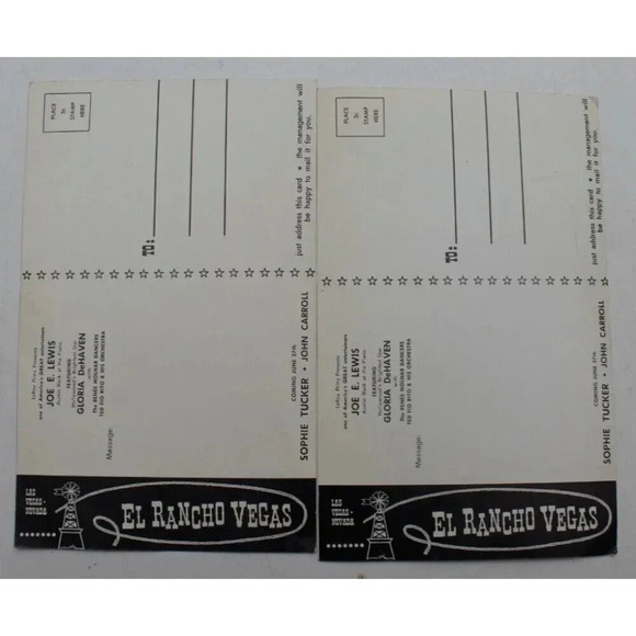 2 Vtg El Rancho Vegas Hotel Joe E Lewis Gloria DeHaven Postcard Las Vegas Nevada - Picture 2 of 2